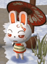 a cartoon rabbit with a red umbrella behind her