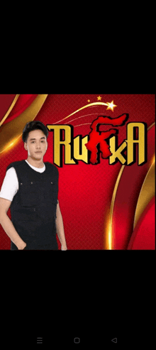 a man is standing in front of a red and gold background with the word ruka on it