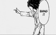 a black and white drawing of a person pointing at something with bang written on it .