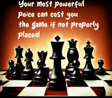 chess pieces on a board with the words your most powerful peice can cost you the game if not properly placed