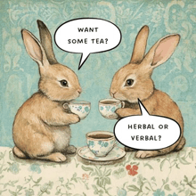 two rabbits sitting at a table with cups of tea and a speech bubble that says want some tea