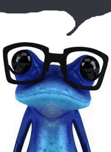 a blue frog wearing glasses with a speech bubble above it .