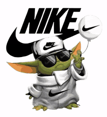 a baby yoda wearing sunglasses and a nike hat is holding a balloon in front of a nike logo