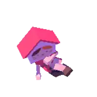 a pixel art drawing of a person holding a red box on their head .