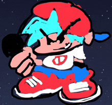 a drawing of a cartoon character with a red hat and blue eyes