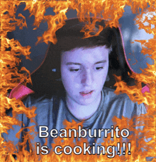 a picture of a boy with the words beanburrito is cooking on it