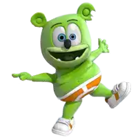 a green gummy bear with blue eyes is wearing orange and white shorts