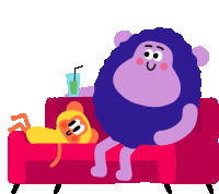 a purple monster sits on a red couch next to a yellow monkey and a drink