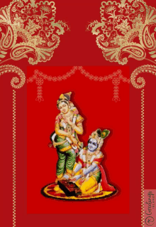 a red and gold greeting card with a painting of a couple