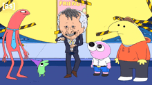 a group of cartoon characters are standing in front of a sign that says friend