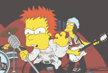 bart simpson is singing into a microphone while another character plays a guitar