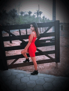 a woman in a red dress is standing next to a wooden gate