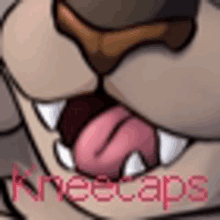 a close up of a cartoon dog 's mouth with the word kneecaps in red letters