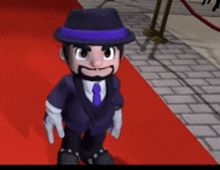 a cartoon character wearing a purple hat and a suit is standing on a red carpet