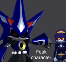a cartoon character with the word peak character on the bottom right
