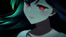 a close up of a anime character with red eyes