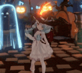 a girl in a white dress is standing in front of a ghost with a pumpkin on her head