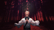 a man in a white robe stands in a dark forest