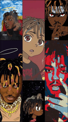 a collage of rapper juice wrld 's artwork with a warning on the bottom right