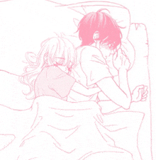 a boy and a girl are sleeping in a bed with pink blankets .