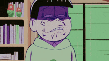 a cartoon character with a purple face and a green shirt