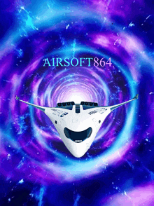 a picture of an airplane with a purple background and the words airsoft864