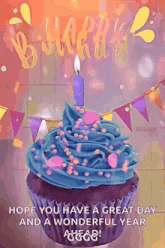 a birthday cupcake with blue frosting and a candle on it