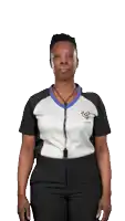 a woman wearing a black and white shirt that says basketball on it