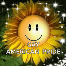 a sunflower with a smiling face and the words gay american pride