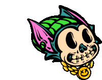 a cartoon drawing of a skull wearing a necklace with a smiley face pendant