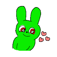 a green rabbit with red eyes and three pink hearts around it 's neck .