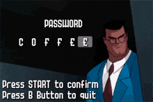 a man in a suit and tie is standing in front of a sign that says password coffee