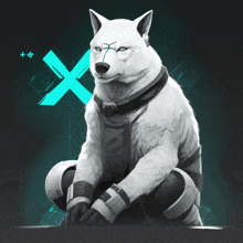 a drawing of a white wolf with a blue x behind him