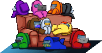 a group of among us characters laying on a couch with laptops