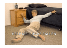 an elderly woman is laying on the floor with the words help me i have fallen above her