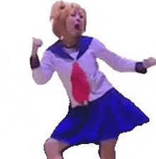 a woman in a blue skirt and white shirt is dancing on a white background .