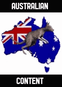a kangaroo is jumping over a map of australia with the australian flag behind it .