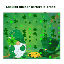 a picture of a leprechaun holding a clover and a hat with the words looking pitcher-perfect in green