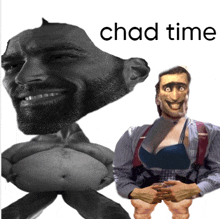 a man with a beard is smiling next to a woman with a big belly and the words chad time