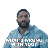 a man with a beard is wearing a blue tie dye hoodie and says " what 's wrong with you "