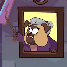 a cartoon dog is holding a cane and pointing at a picture frame