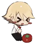 a drawing of a person holding a tomato with a green leaf on it