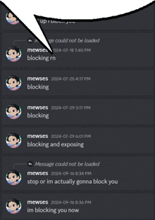 a screenshot of a discord conversation between mewses and stop or im actually gonna block you im blocking you now