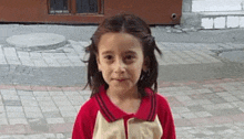 a little girl is standing on a brick sidewalk wearing a red and white shirt .