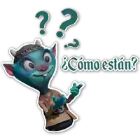 a cartoon character has a question mark above his head and the words como estan below him