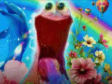 a colorful painting of a frog with flowers and dolphins