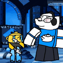 a cartoon character with headphones standing next to another character with a sign that says watchout in the background