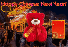 a red teddy bear is holding a firework in front of a dragon and the words happy chinese new year written above it