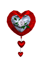 a red heart shaped balloon with a white rose and three red hearts hanging from it .