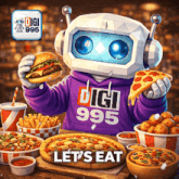 a robot wearing a purple digi 995 sweatshirt eating a hamburger and pizza